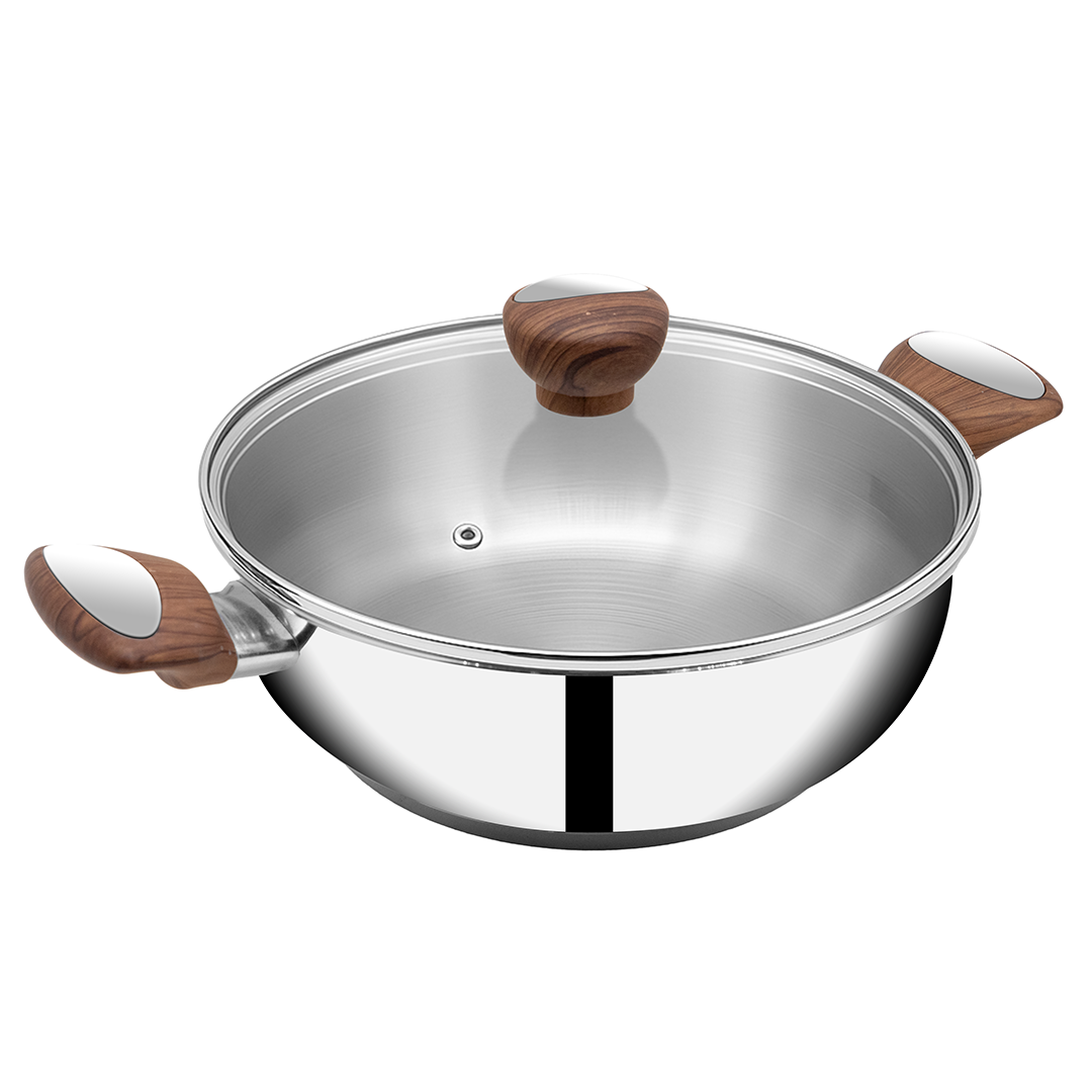 SUNCASA Impact Pro Luxe Flat Bottom Kadai with Glass Lid, 24 cm