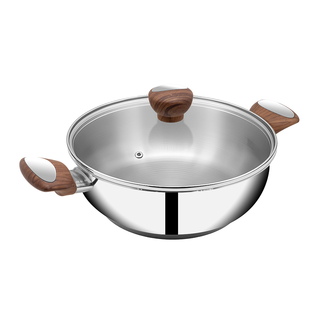 SUNCASA Impact Pro Luxe Flat Bottom Kadai with Glass Lid, 20 cm