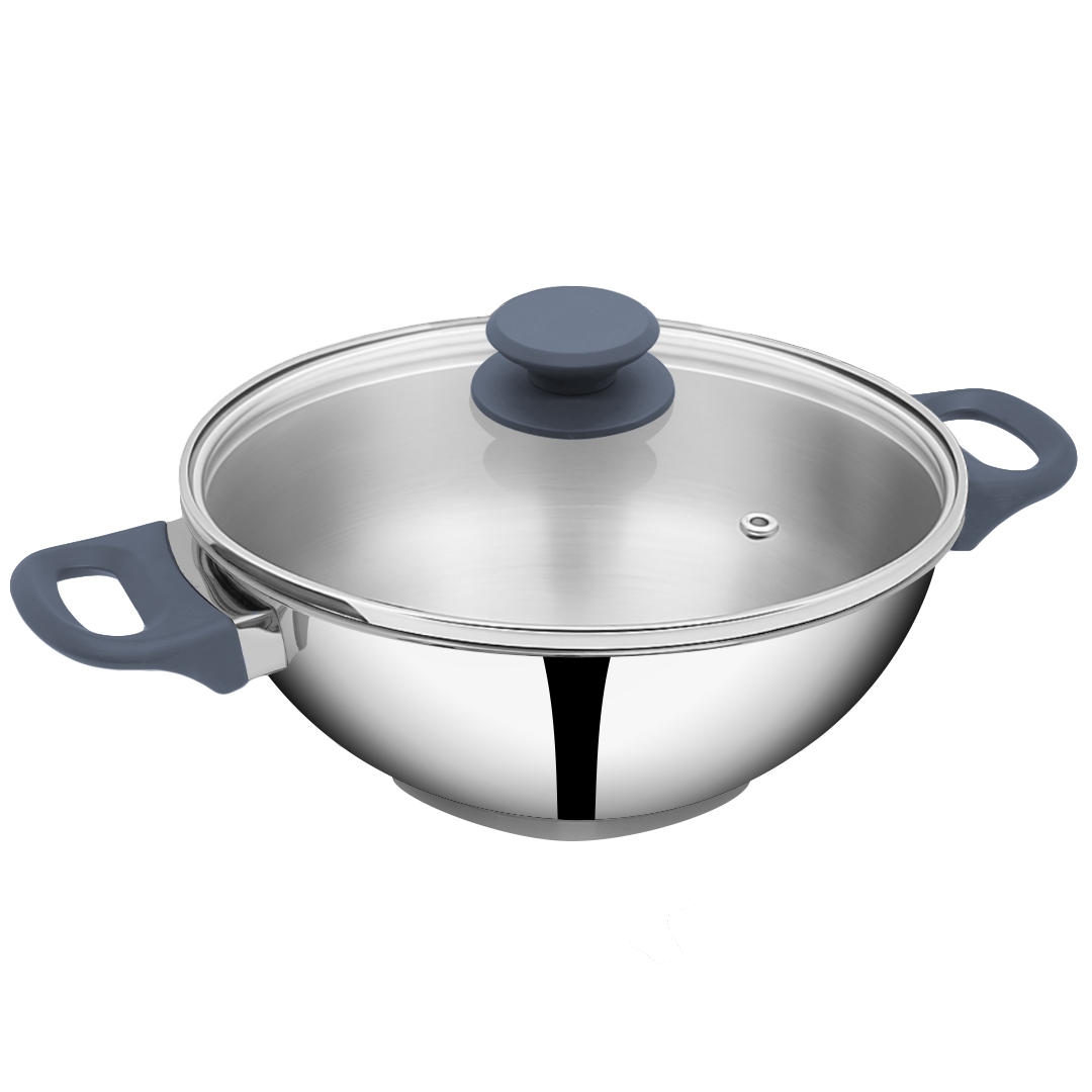 SUNCASA Impact Pro Stainless Steel Deep Kadai with Glass Lid, 28cm