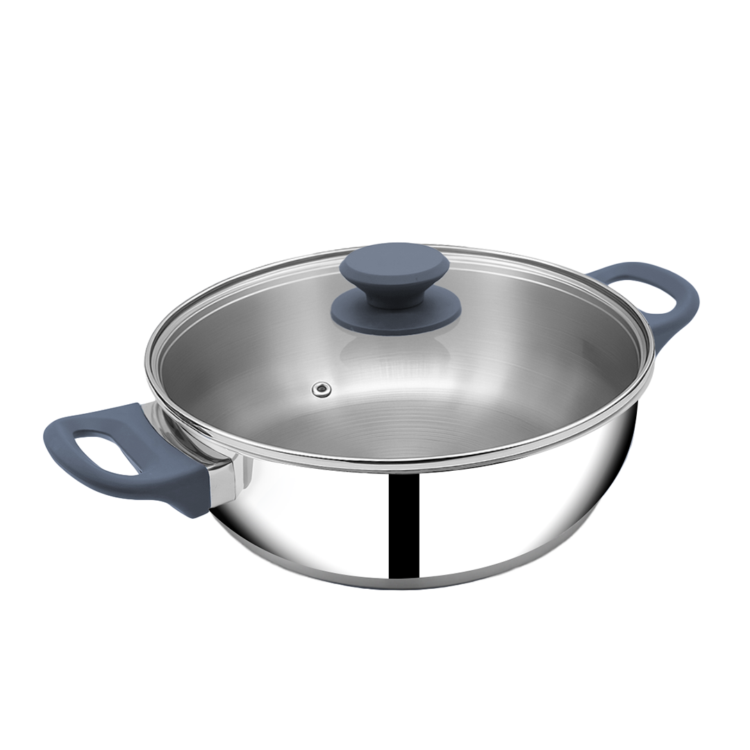 SUNCASA Impact Pro Stainless Steel Flat Bottom Kadai with Glass Lid, 20cm