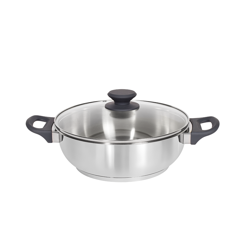 SUNCASA Impact Pro Stainless Steel Flat Bottom Kadai with Glass Lid, 24cm