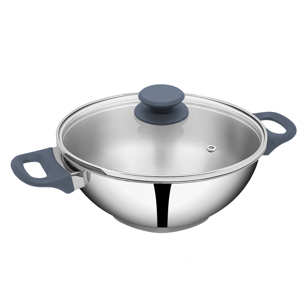SUNCASA Impact Pro Stainless Steel Deep Kadai with Glass Lid, 26cm