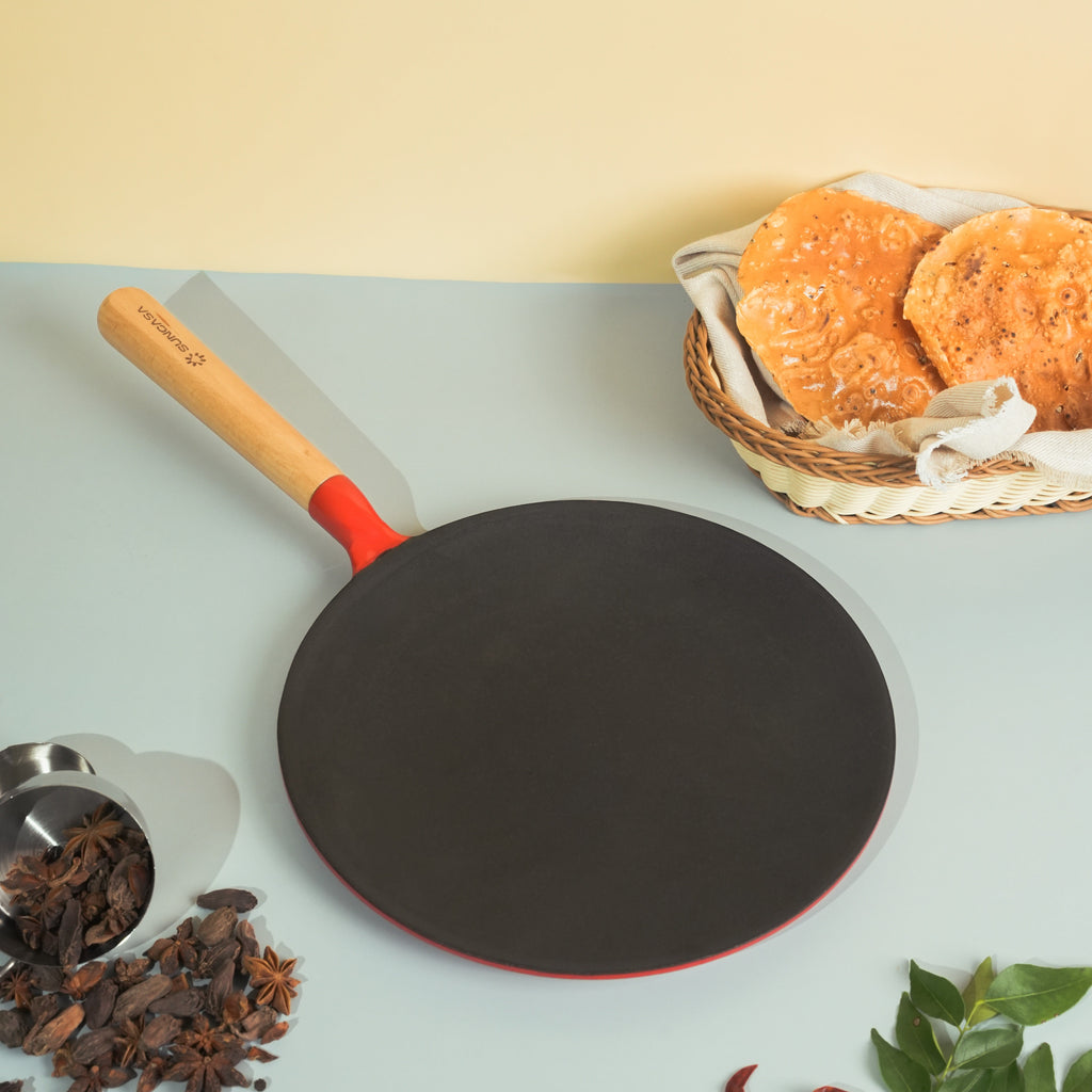 SUNCASA Castella Pre Seasoned Cast Iron Roti Tawa, 26cm
