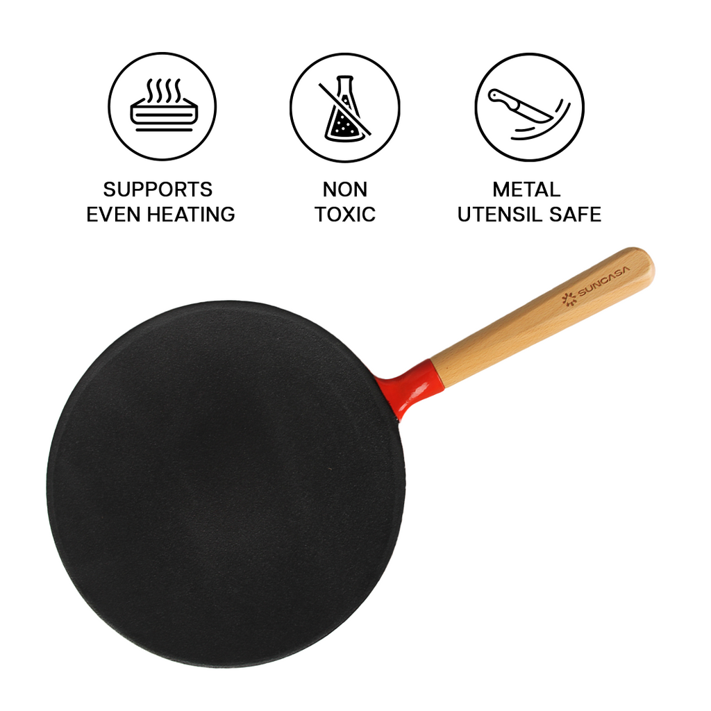 SUNCASA Castella Pre Seasoned Cast Iron Roti Tawa, 26cm