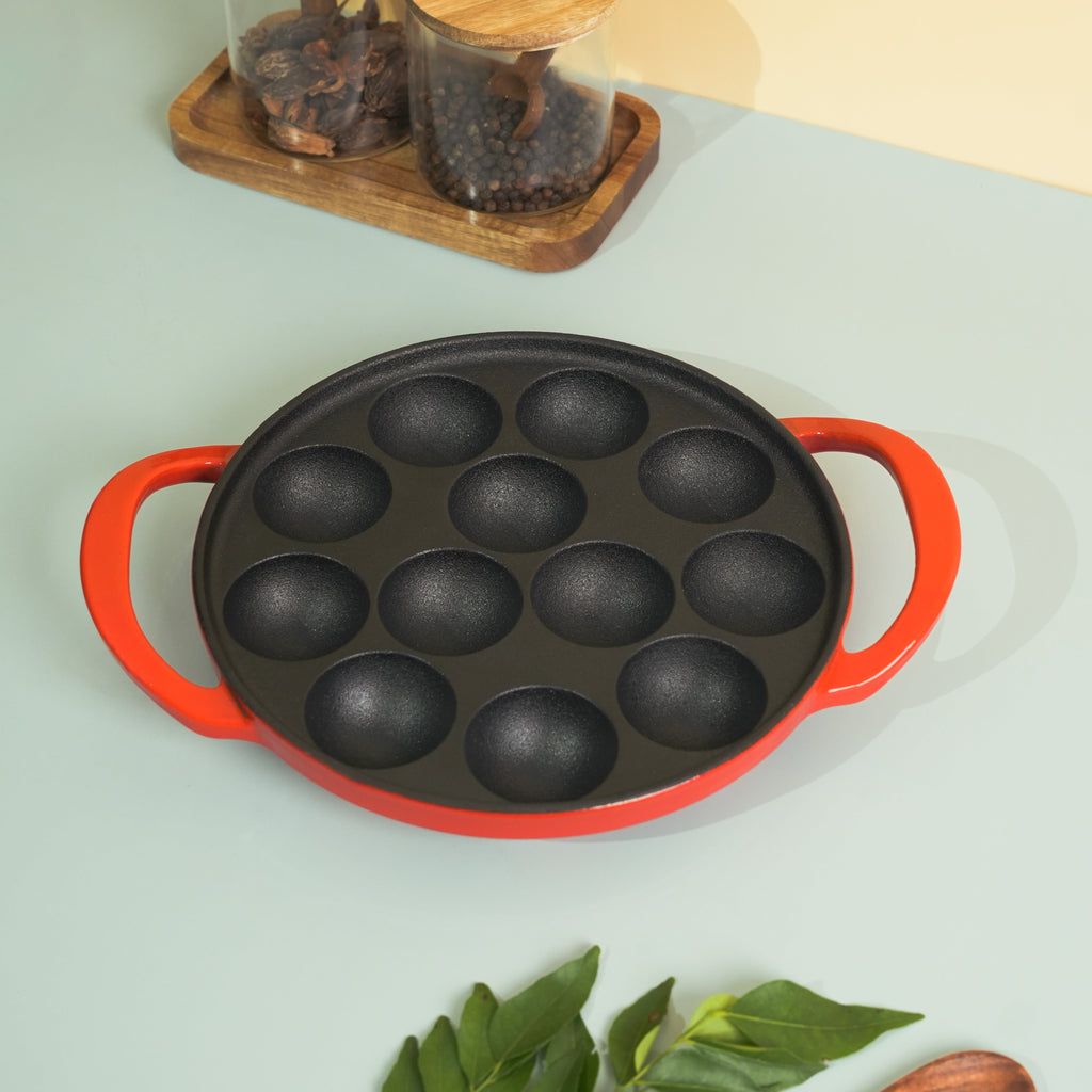SUNCASA Castella Pre Seasoned Cast Iron Paniyaram Pan, 20cm