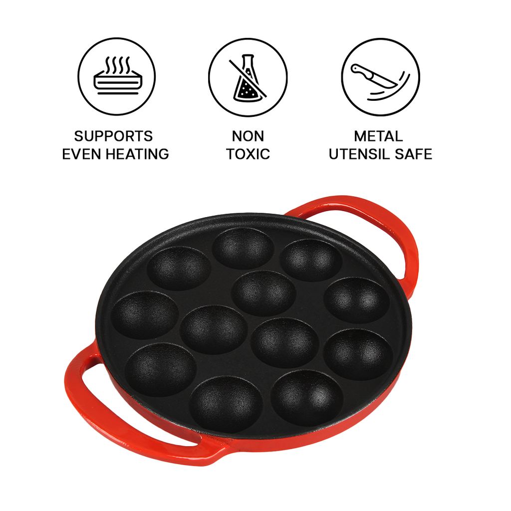 SUNCASA Castella Pre Seasoned Cast Iron Paniyaram Pan, 20cm