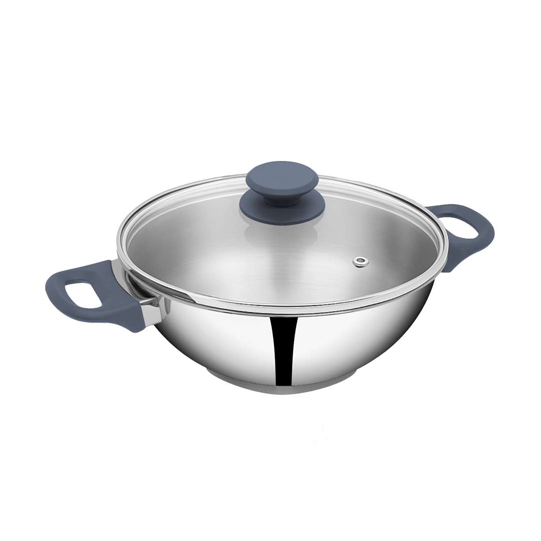 SUNCASA Impact Pro Stainless Steel Deep Kadai with Glass Lid, 22cm