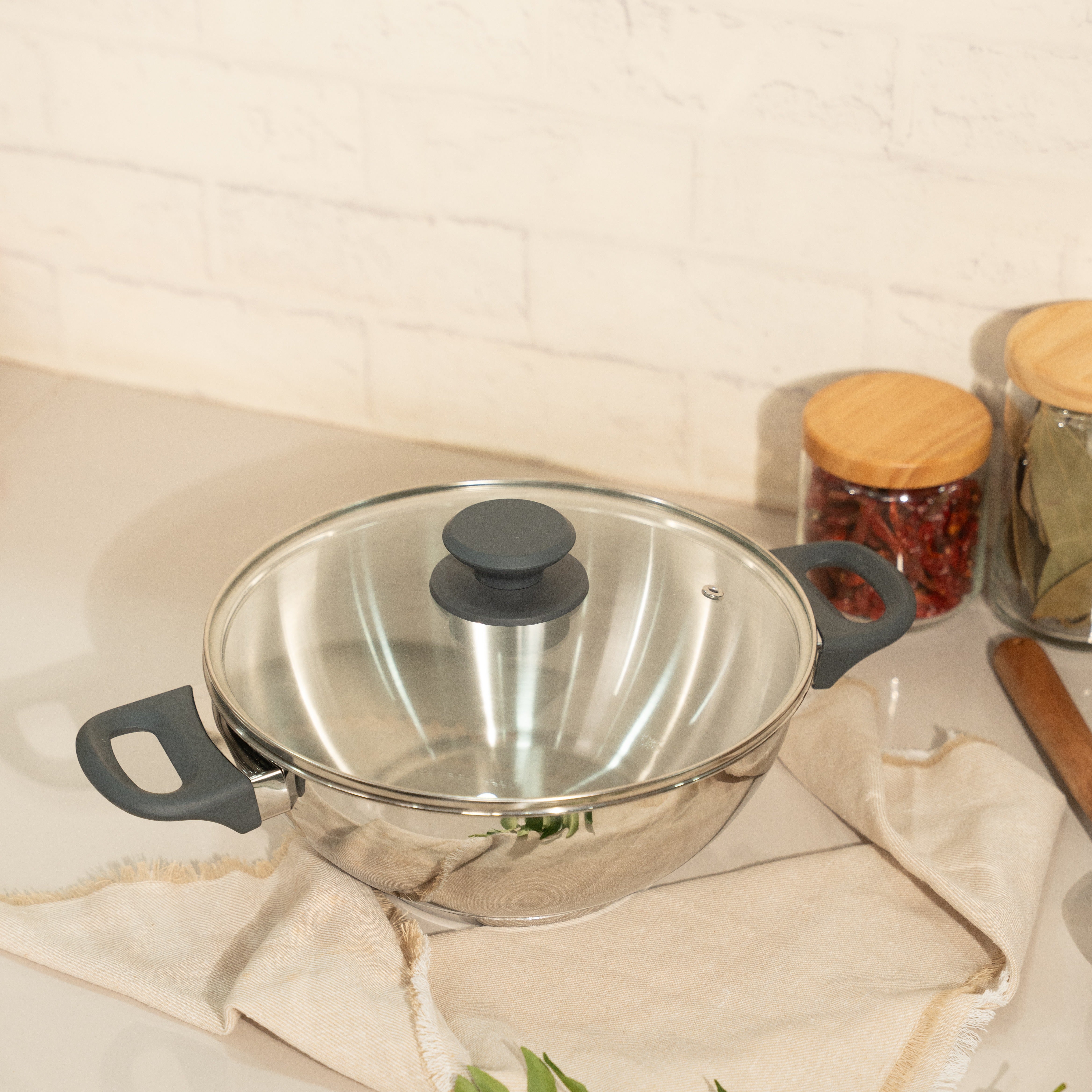 SUNCASA Impact Pro Stainless Steel Deep Kadai with Glass Lid, 20cm