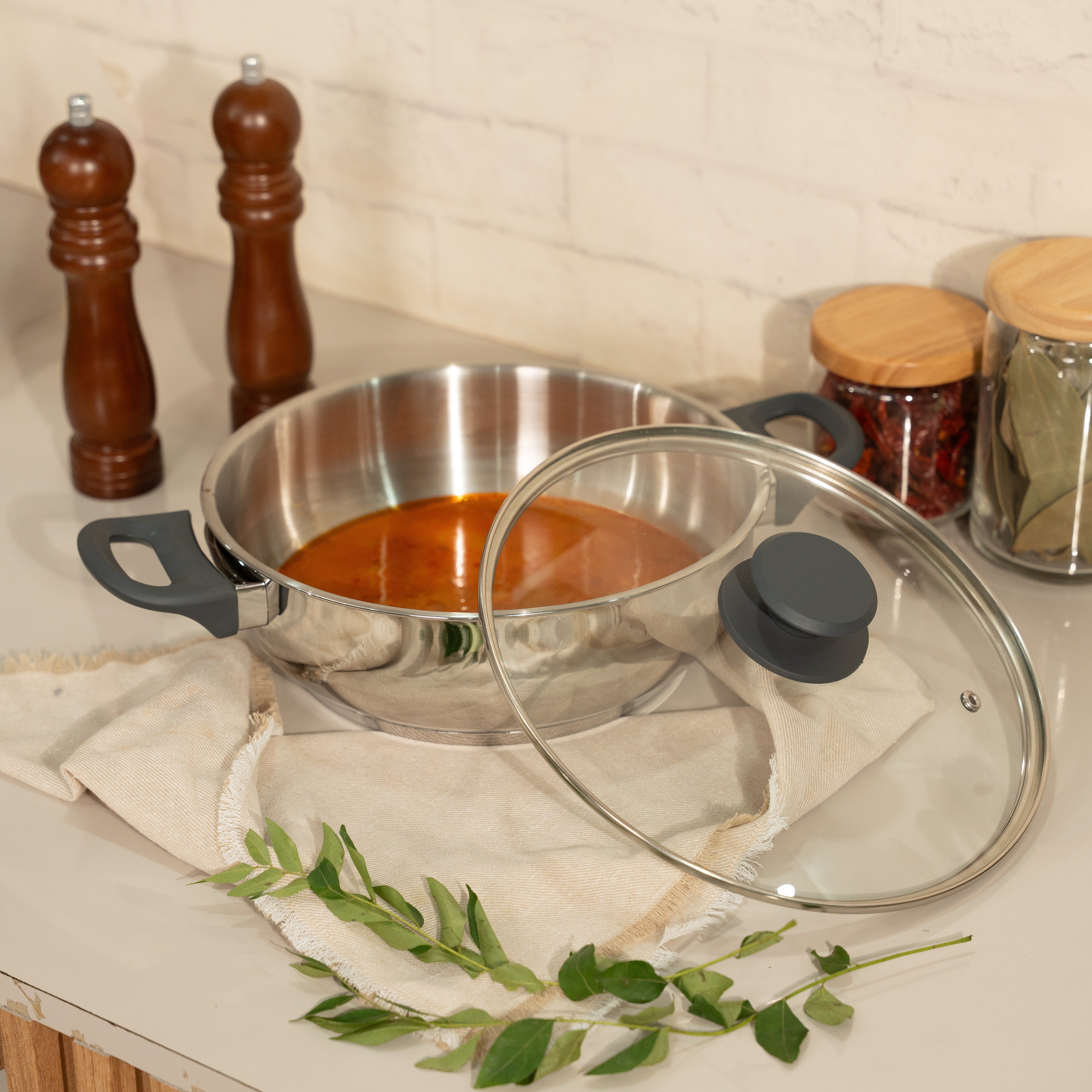 SUNCASA Impact Pro Stainless Steel Flat Bottom Kadai with Glass Lid, 24cm