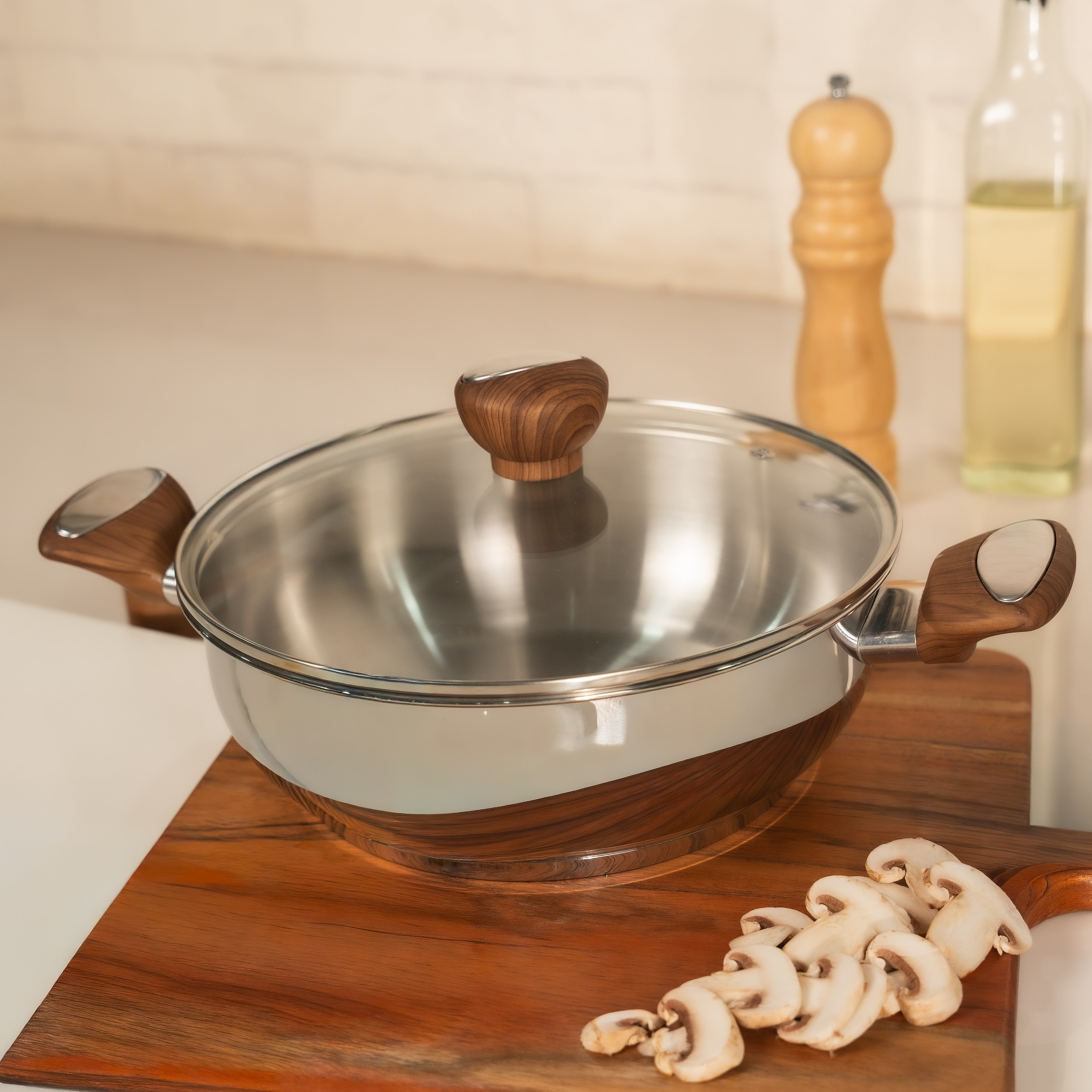 SUNCASA Impact Pro Luxe Flat Bottom Kadai with Glass Lid, 24 cm