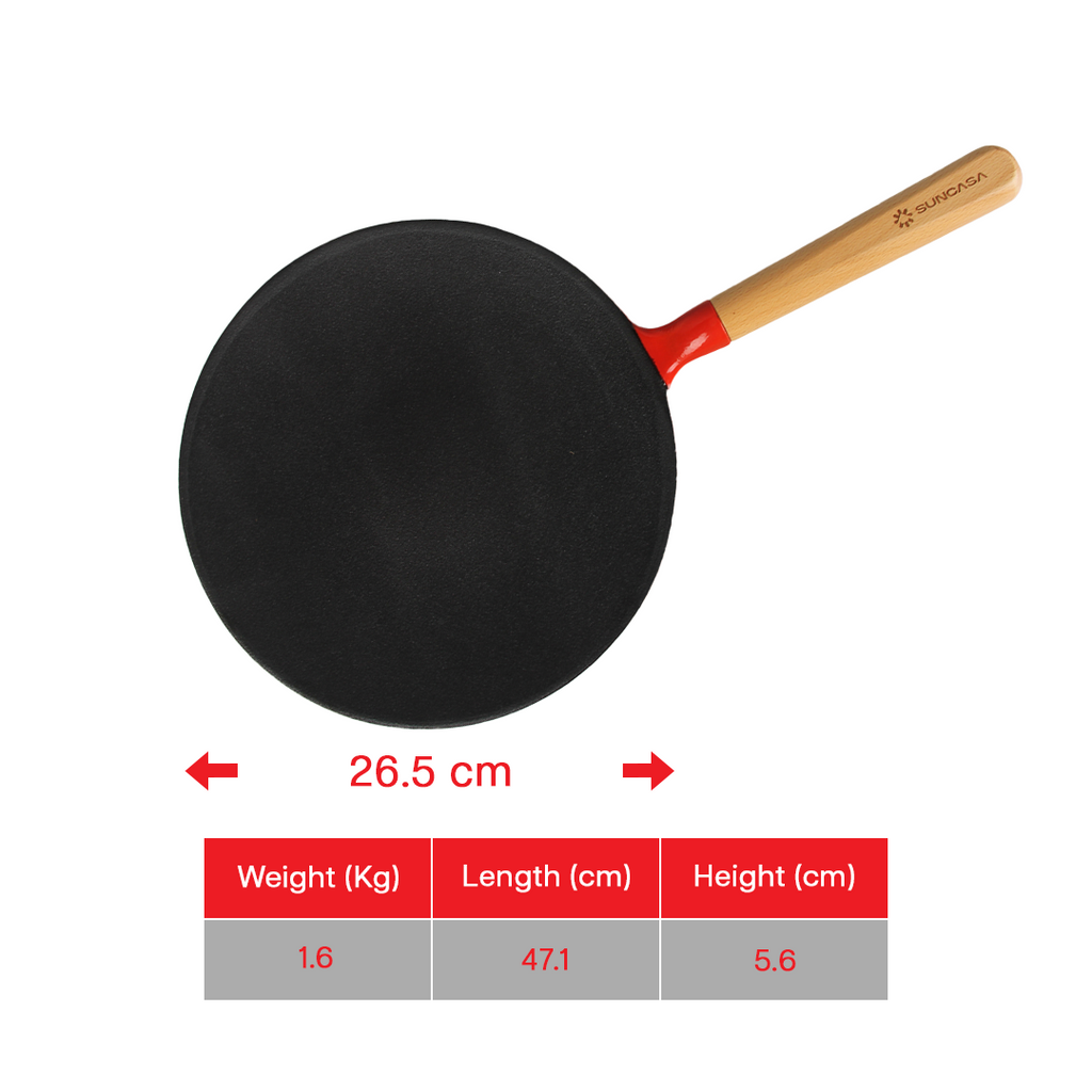 SUNCASA Castella Pre Seasoned Cast Iron Roti Tawa, 26cm