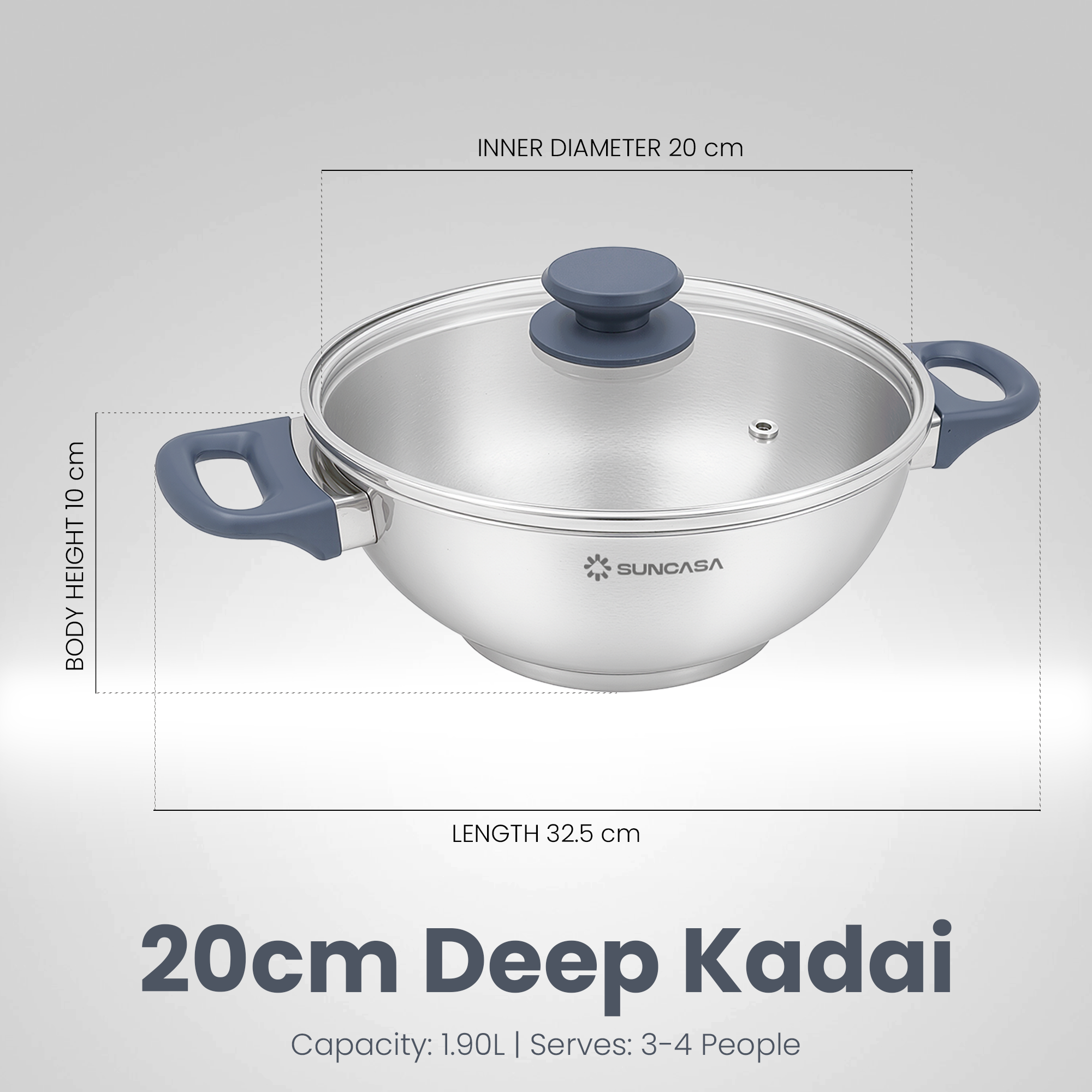 Impact Pro Stainless Steel Deep Kadai with Glass Lid, 20cm/1.9L