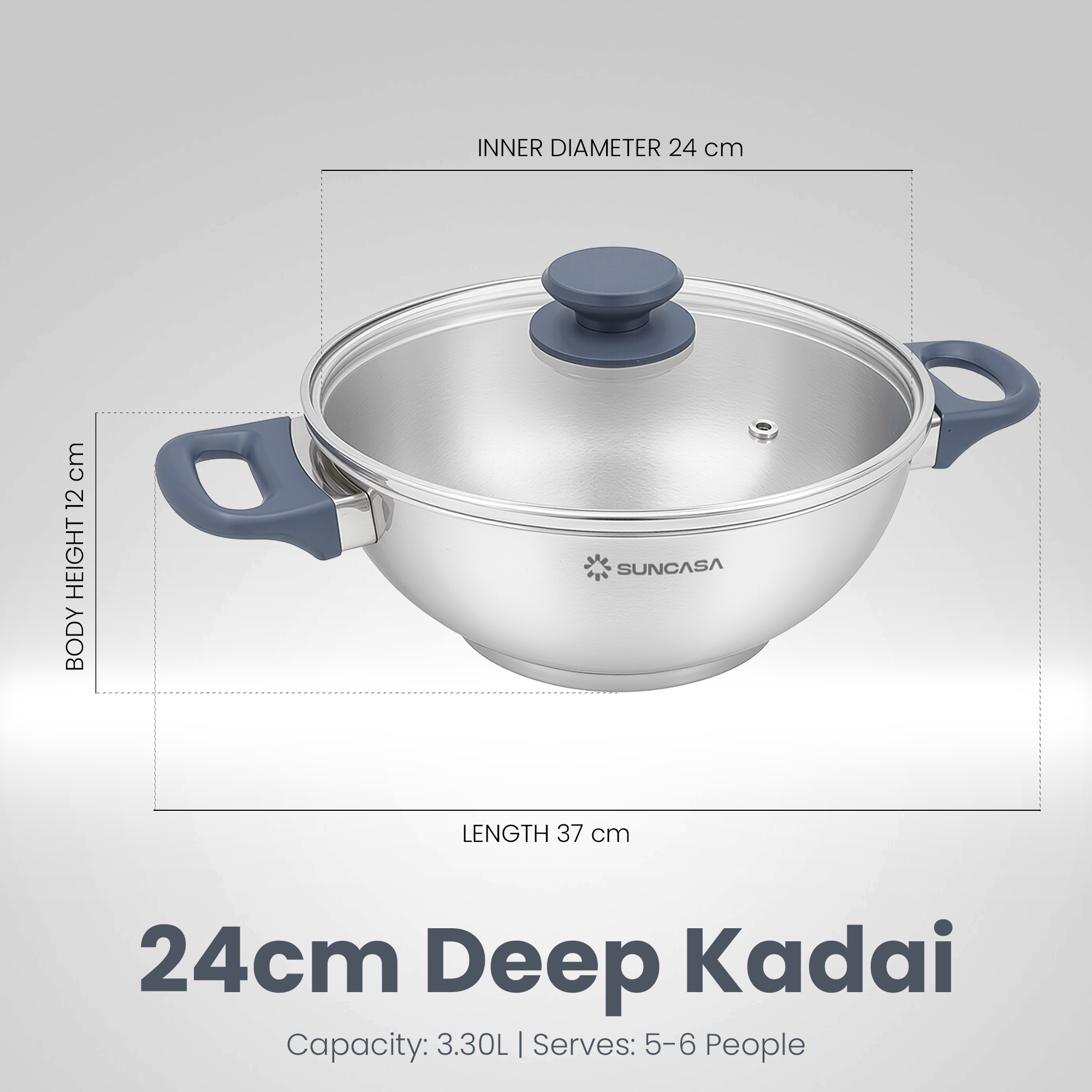 Impact Pro Stainless Steel Deep Kadai with Glass Lid, 24cm/ 3.3L