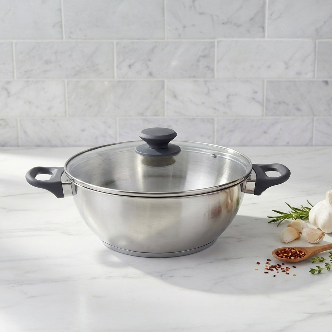 SUNCASA Impact Pro Stainless Steel Deep Kadai with Glass Lid, 26cm