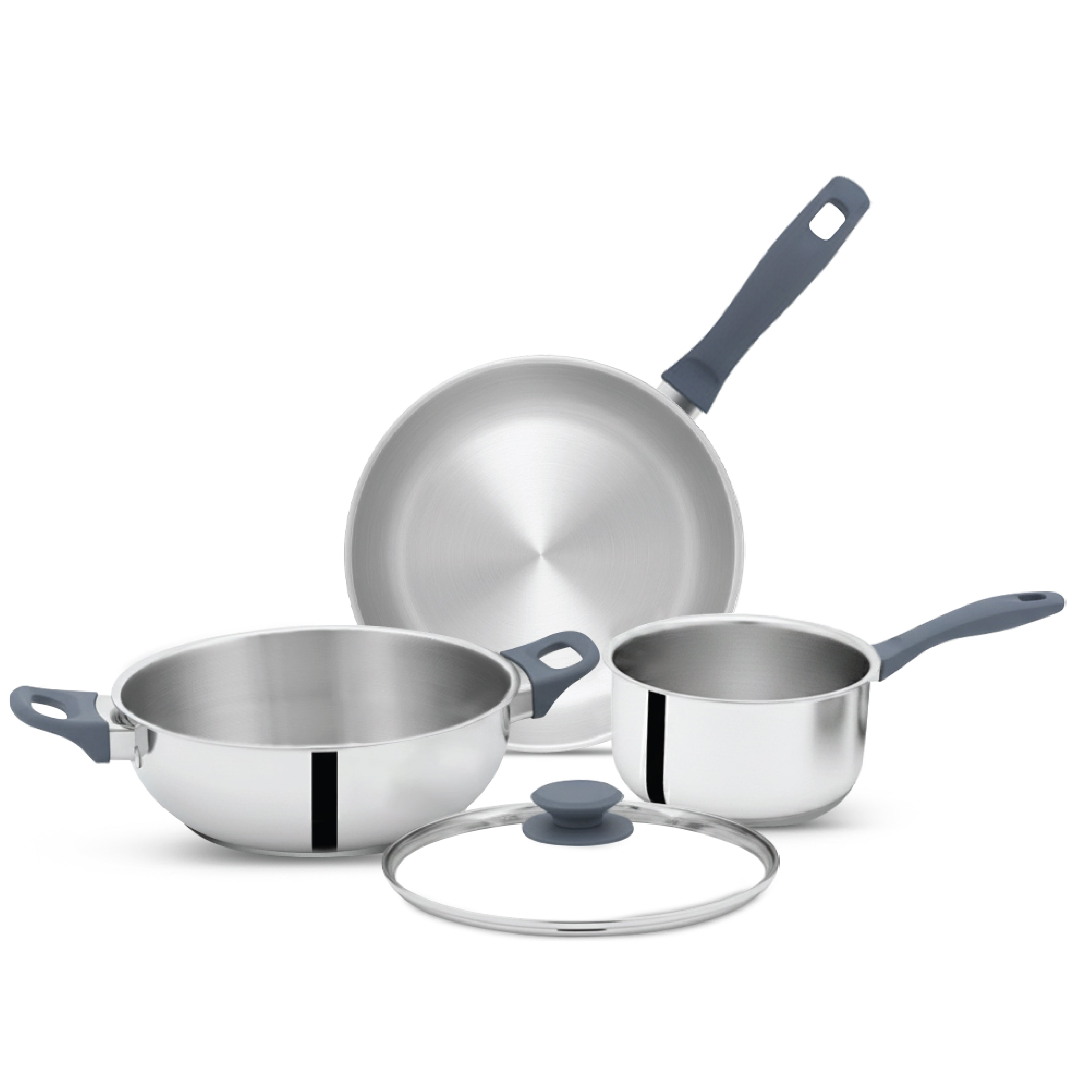 SUNCASA Impact Pro Cookware Set 22cm Kadai + 22cm Frypan + 16cm Saucepan, Silver