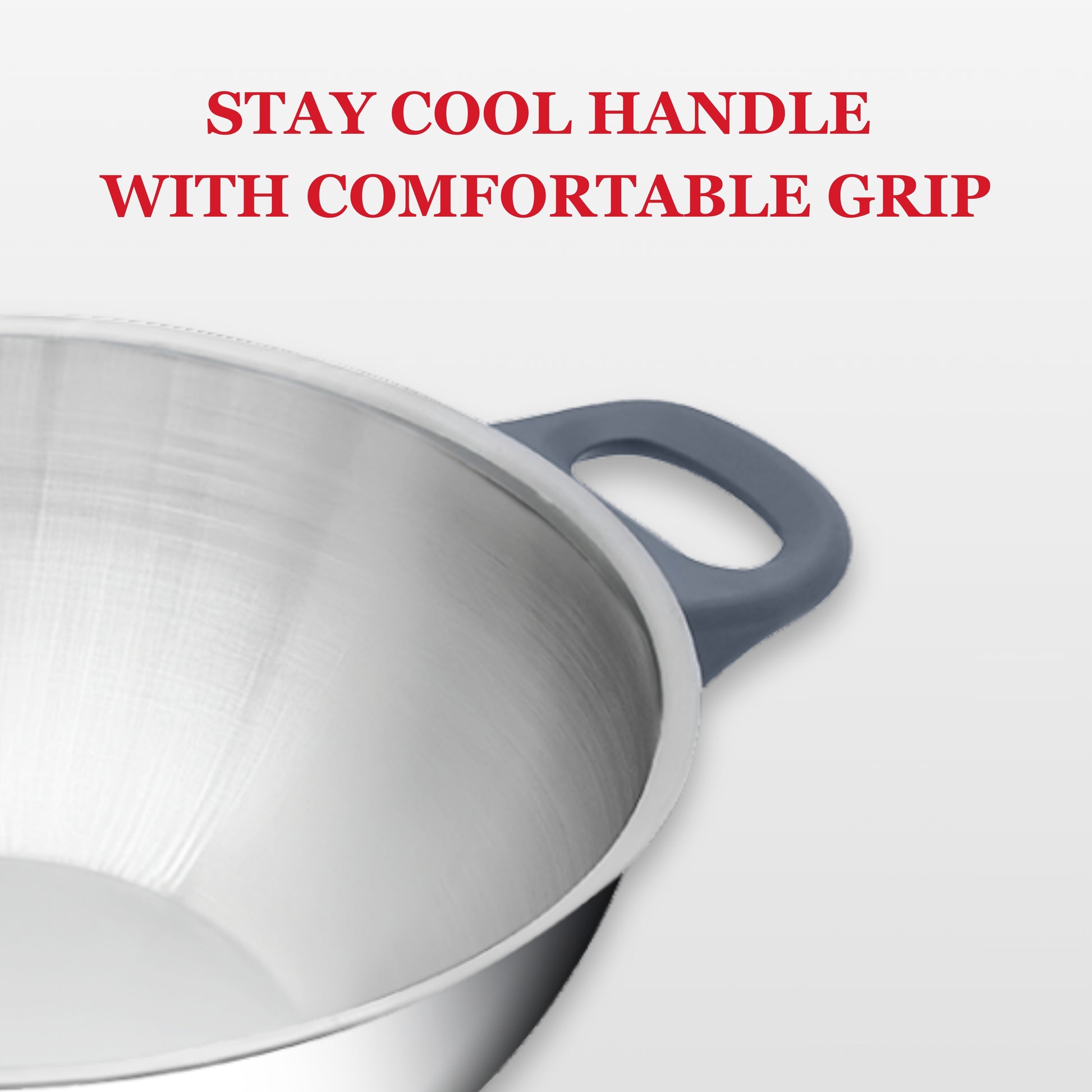Close-up shot focusing on side handle and interior brushing of kadai, with promotional text overlay.
