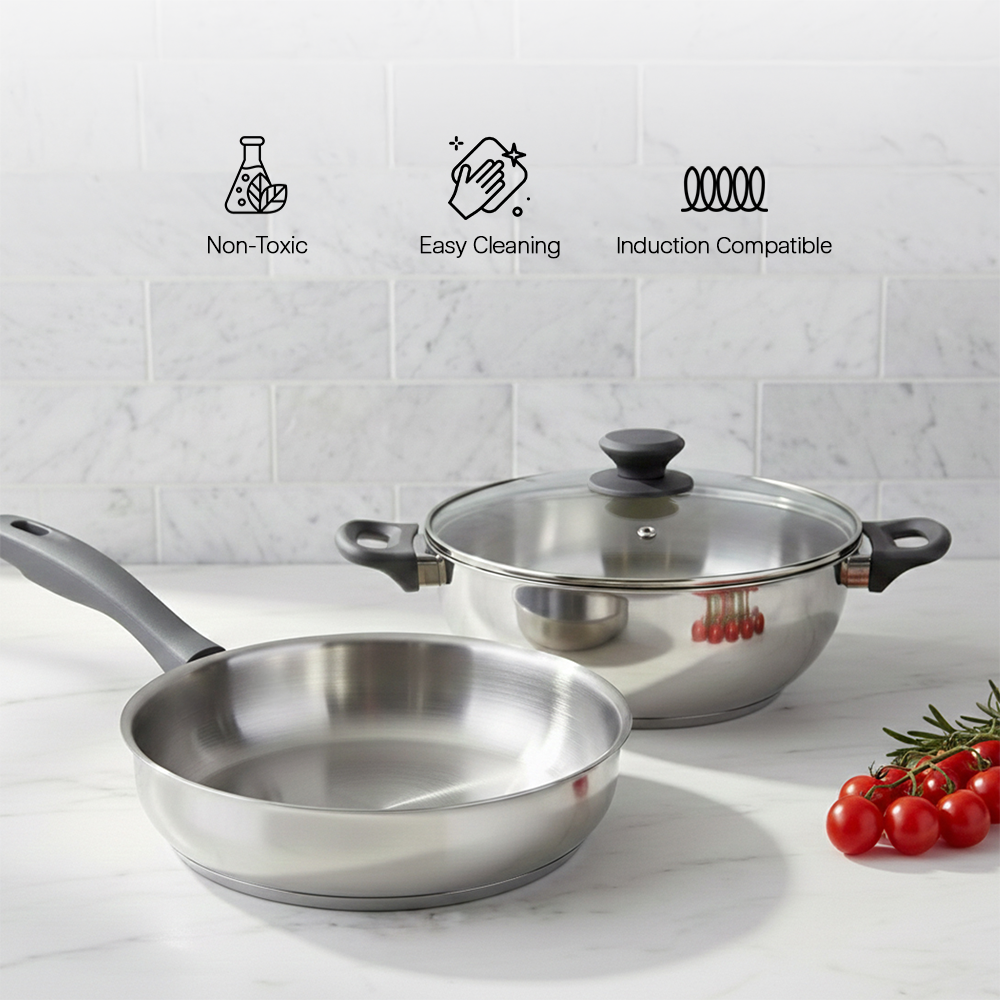 Icons indicating the kadai is non toxic easy to clean and induction compatible