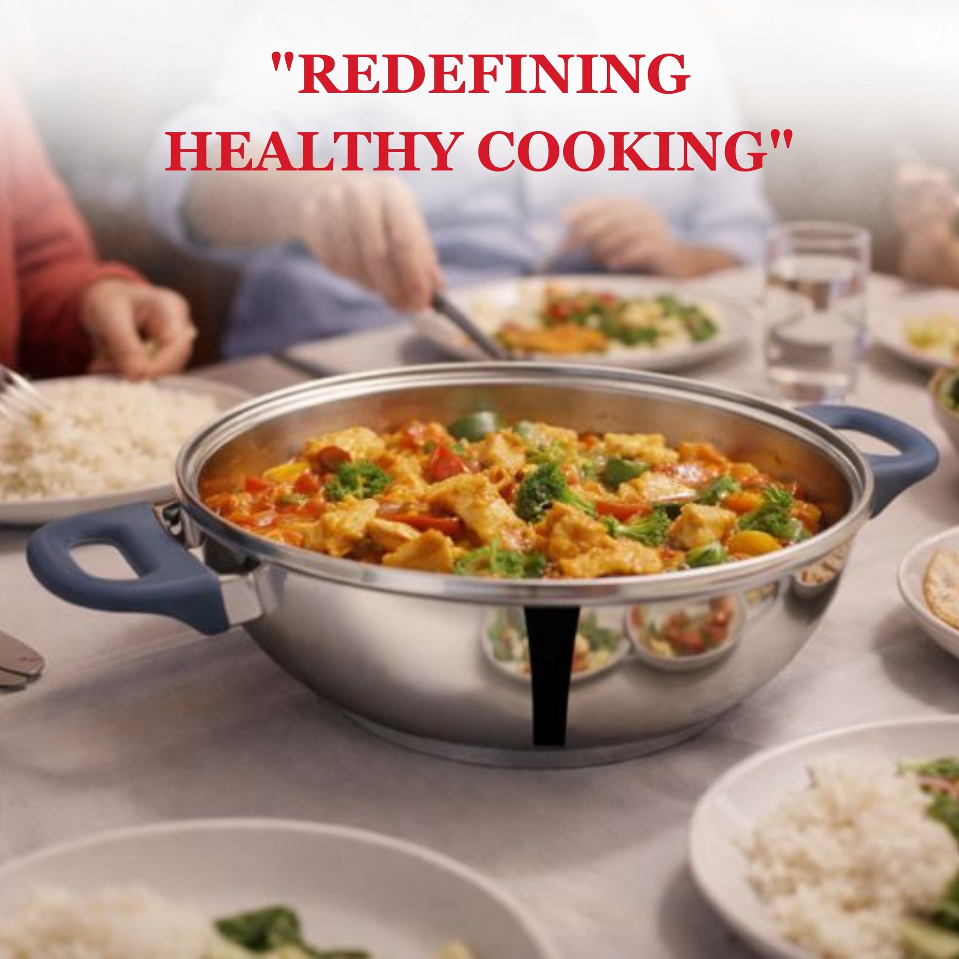 A lifestyle marketing shot showing kadai filled with cooked curry dish, sitting on family dining table with text overlay.