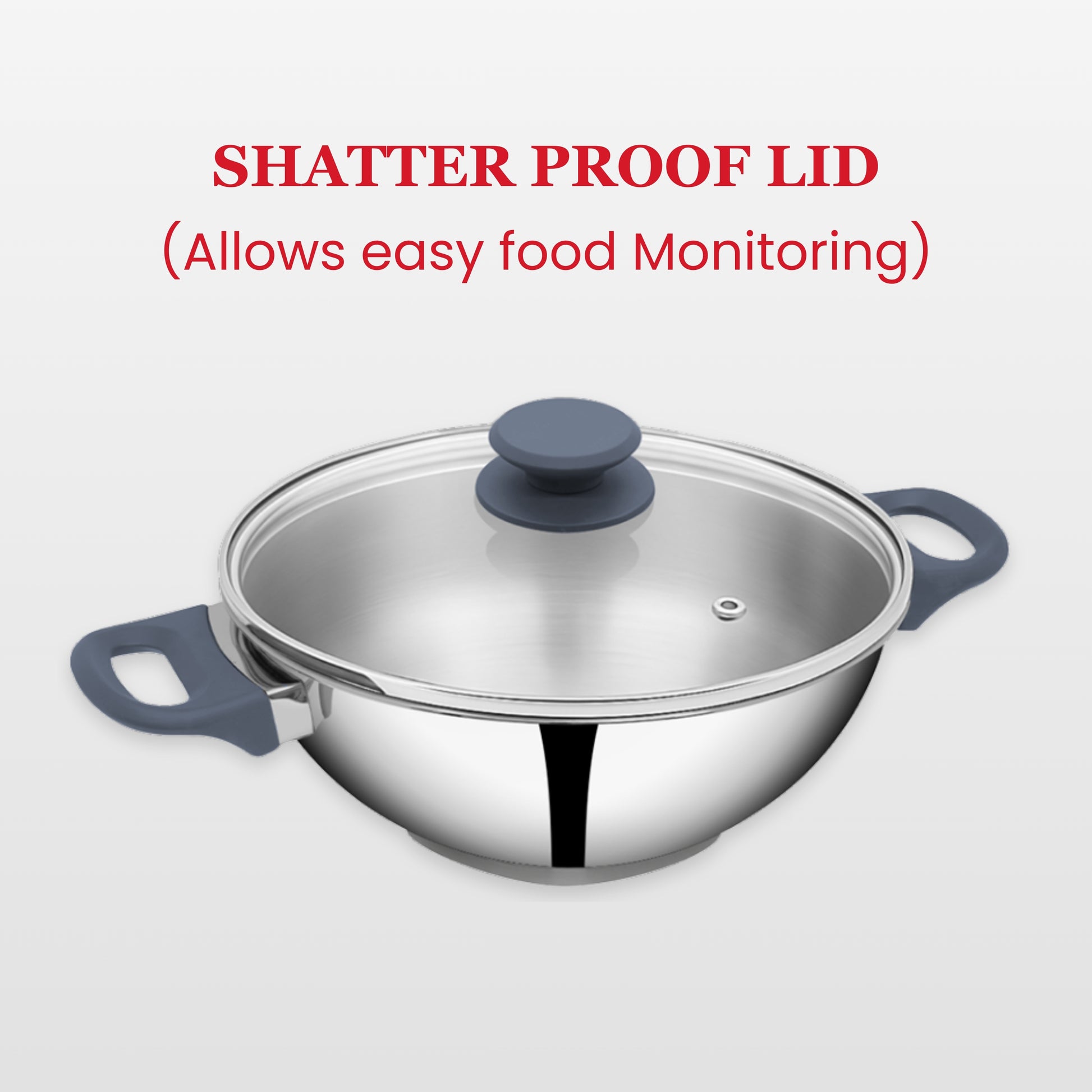 Close up of Deep Kadai shatterproof glass lid that allows for easy food monitoring