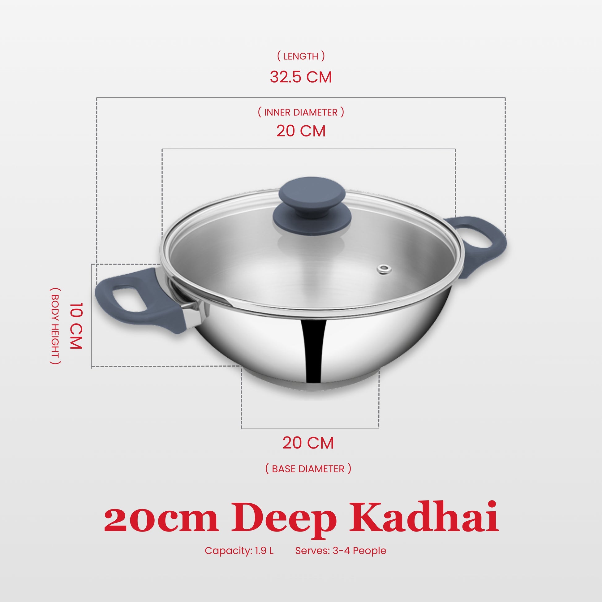 Diagram displaying the 20 cm width and 10cm depth of deep kadai