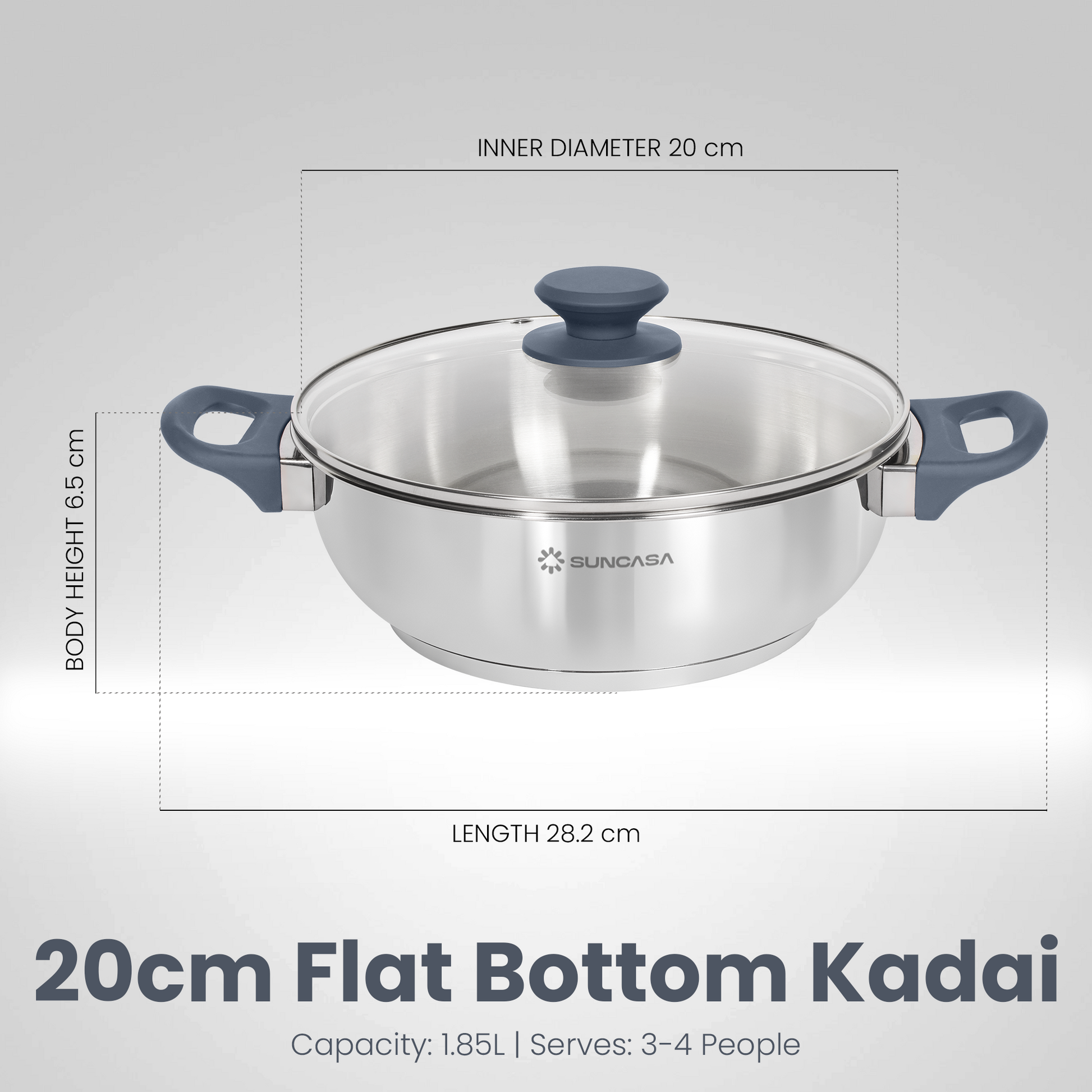Diagram detailing width and depth measurements of 20 cm flat bottom kadai