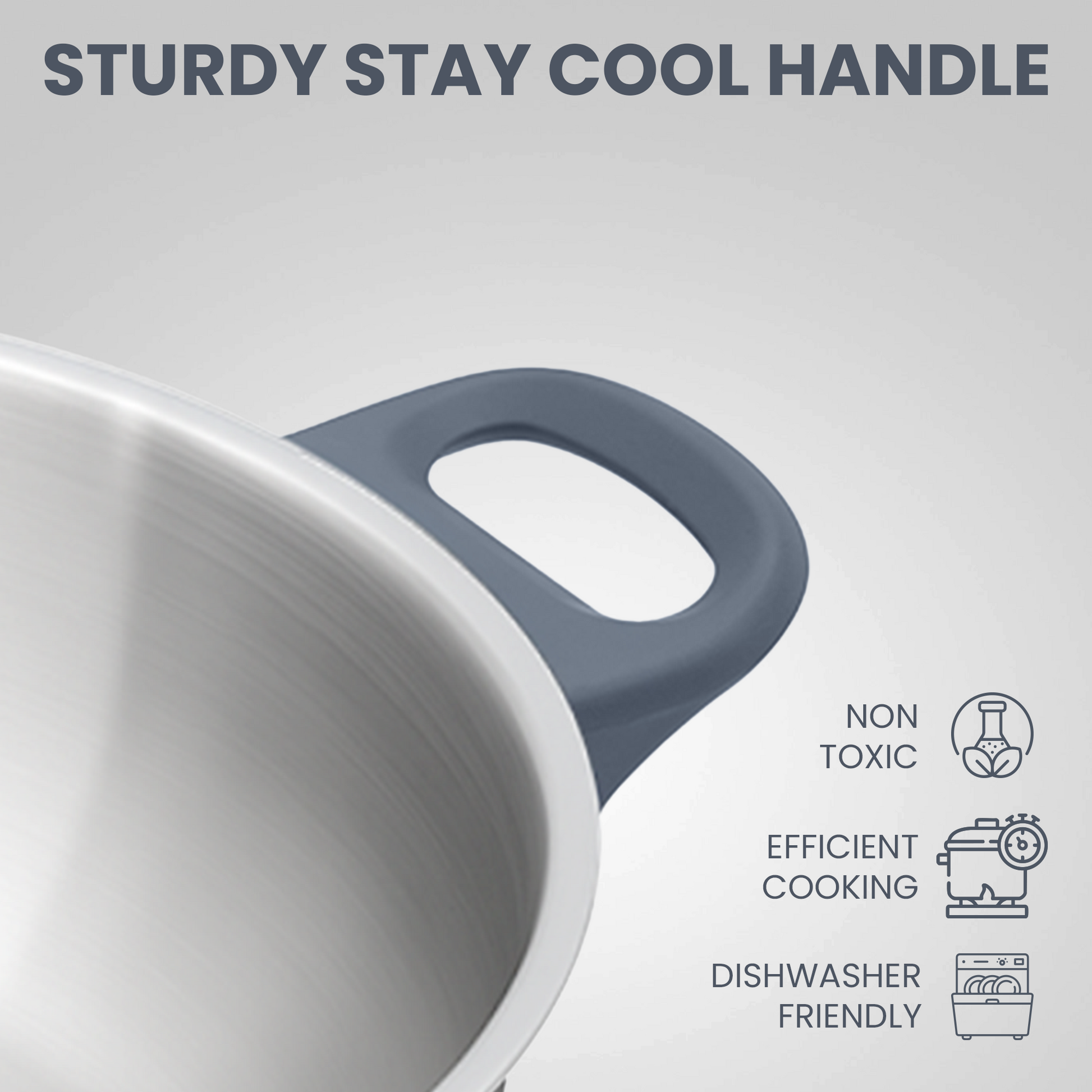 Close up of the flat bottom kadai highlighting the stay cool handle with comfortable grip