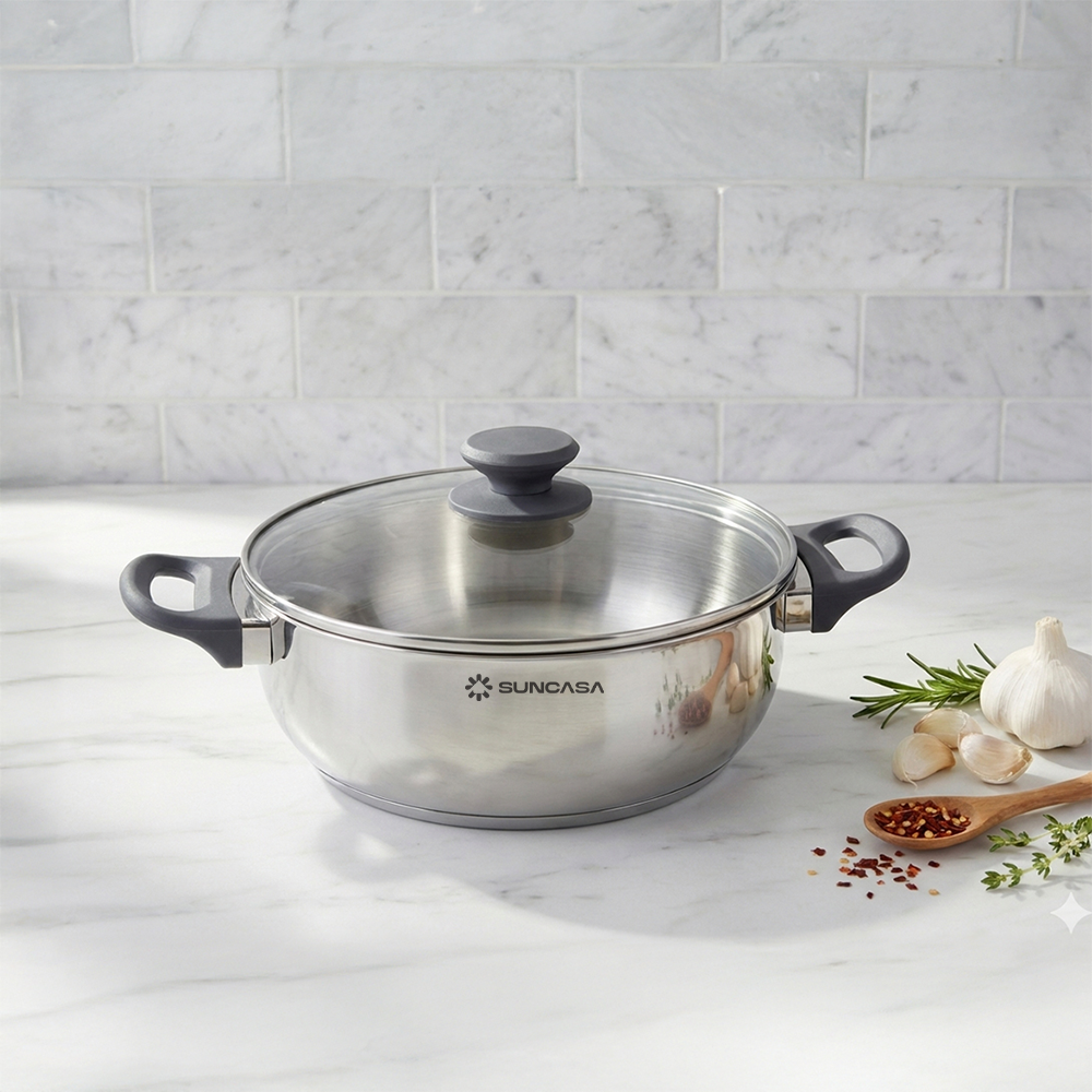 Suncasa Impact Pro stainless steel flat bottom kadai with glass lid on kitchen counter