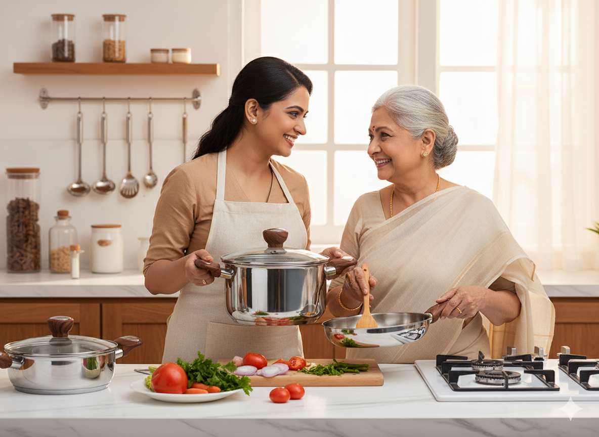 A younger woman and an older woman smiling together in kitchen while cooking with Suncasa stainless steel pot and frying pan.